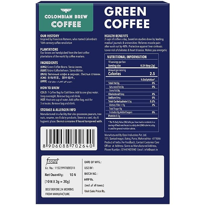 Colombian Brew Coffee Green Coffee Powder, Hot & Cold Brew 10 Bags, Pack of 2 (for Weight Loss) & Colombian Brew Coffee, High Caffeine Colombian Instant, 50g Colombian Brew Coffee Green Coffee Powder, Hot & Cold Brew 10 Bags, Pack of 2 (for Weight Loss) & Colombian Brew Coffee, High Caffeine Colombian Instant, 50g